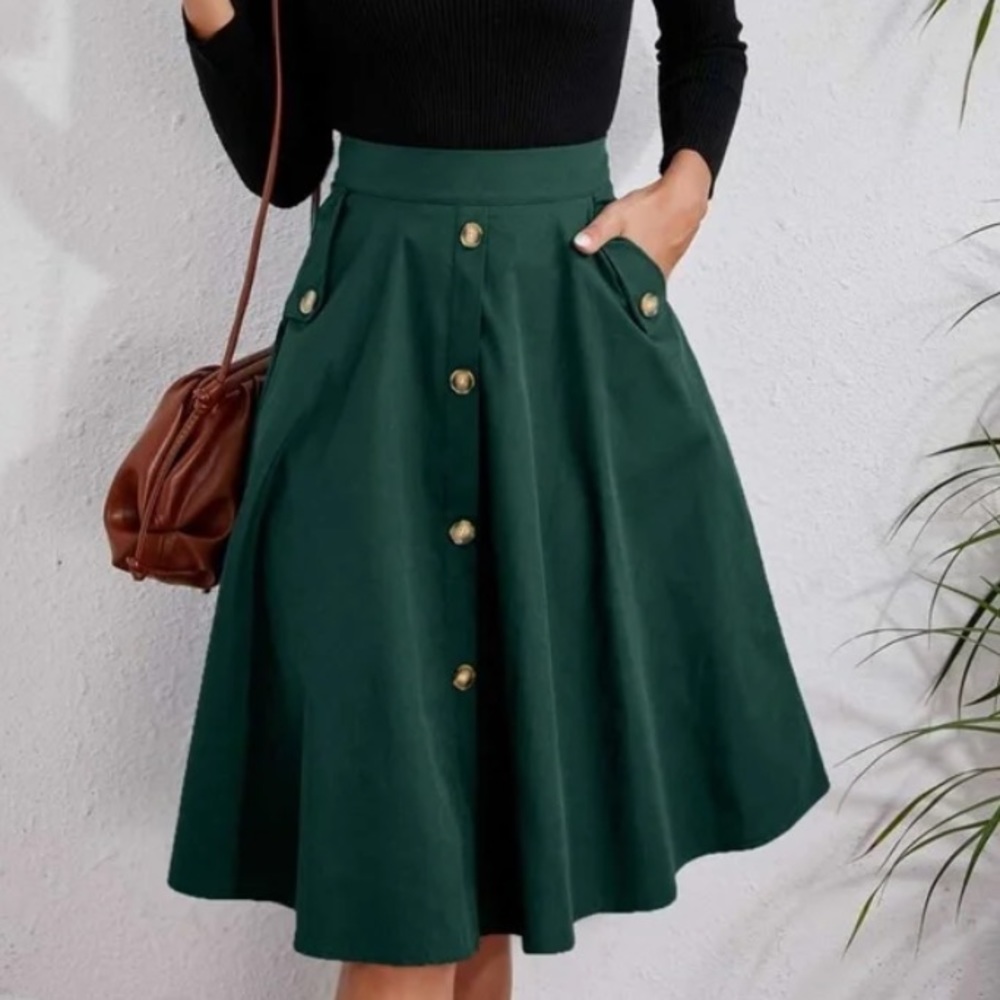 Classic Burnt Orange  Button Detail Pocket Midi Skirt Work - Picture 13 of 16
